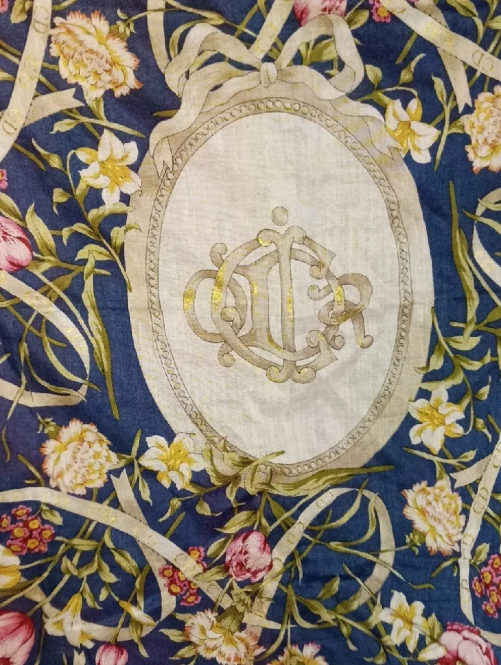 Vintage Blue Floral Christian Dior Square Scarf with Central Medallion